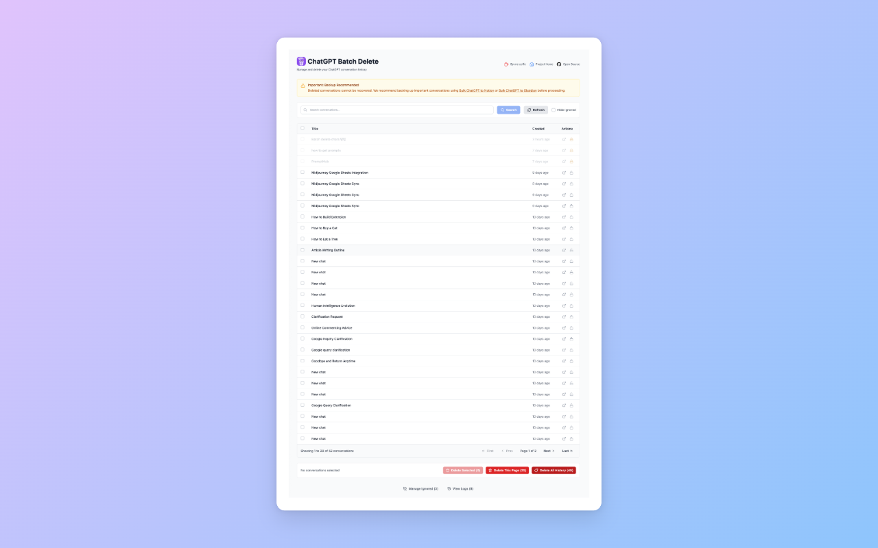 Bulk delete manager interface