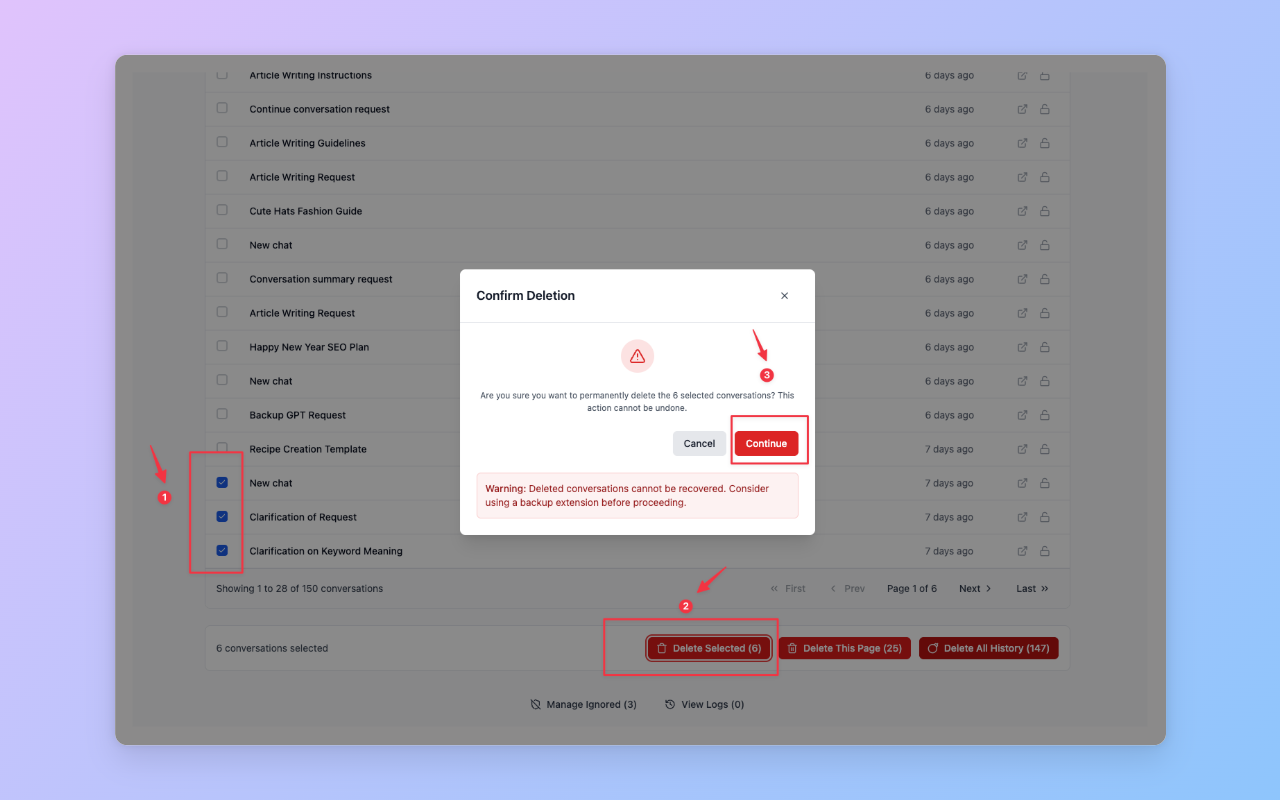 Select conversations for bulk deletion